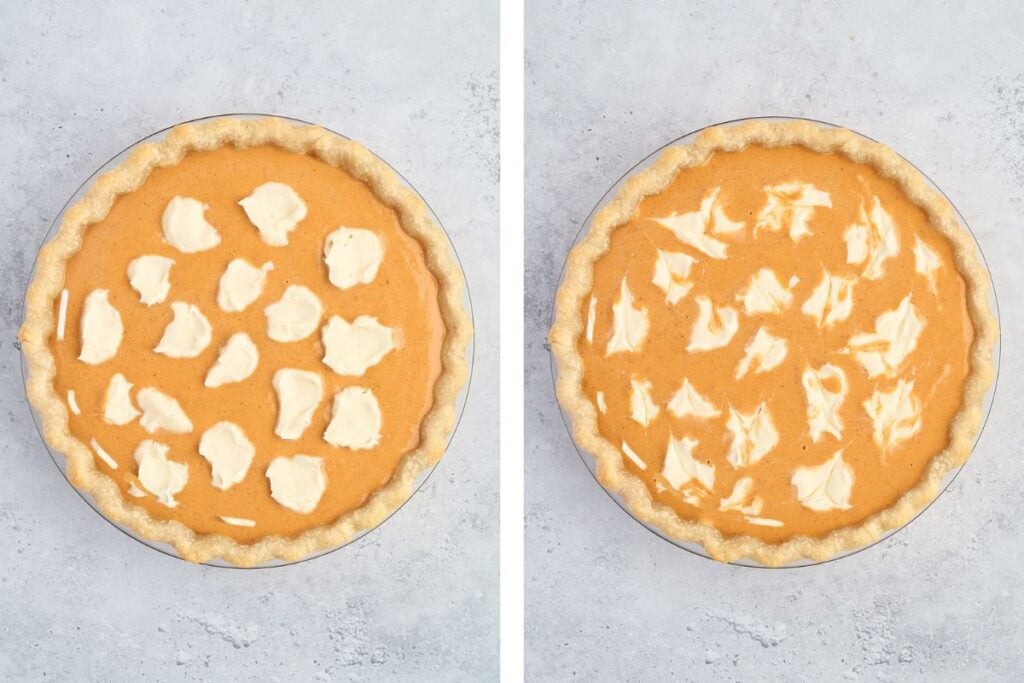 Two stages of a pie: cream dollops on batter (left) and cream swirled in (right), both in crusts.