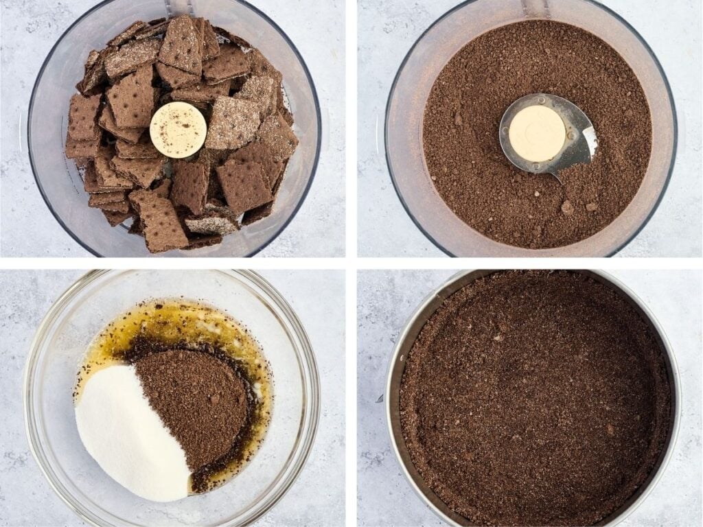 A step-by-step collage showing chocolate cookies being crushed, mixed with sugar and butter, then pressed in a pan.