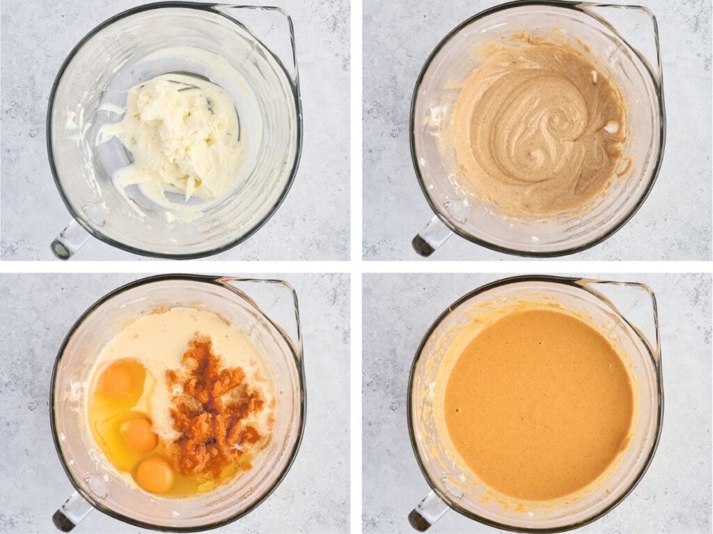 Four glass bowls showing step-by-step mixing of a creamy batter with eggs and orange puree on a light surface.