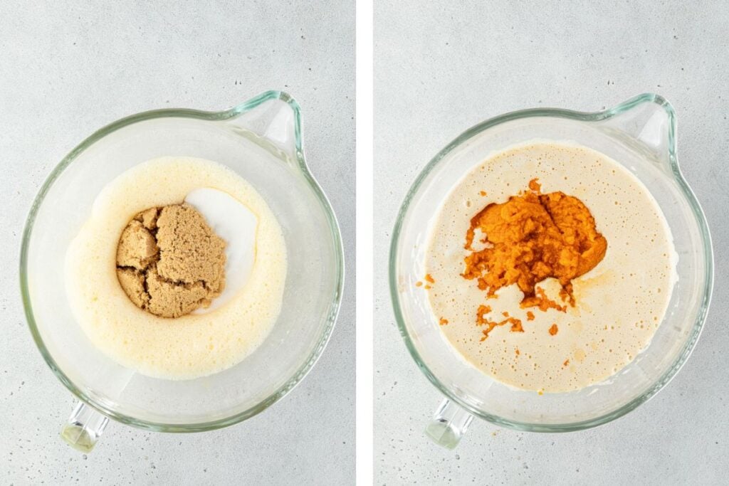 Two glass bowls with wet and dry ingredients for baking, including brown sugar and pumpkin puree, on a light surface.