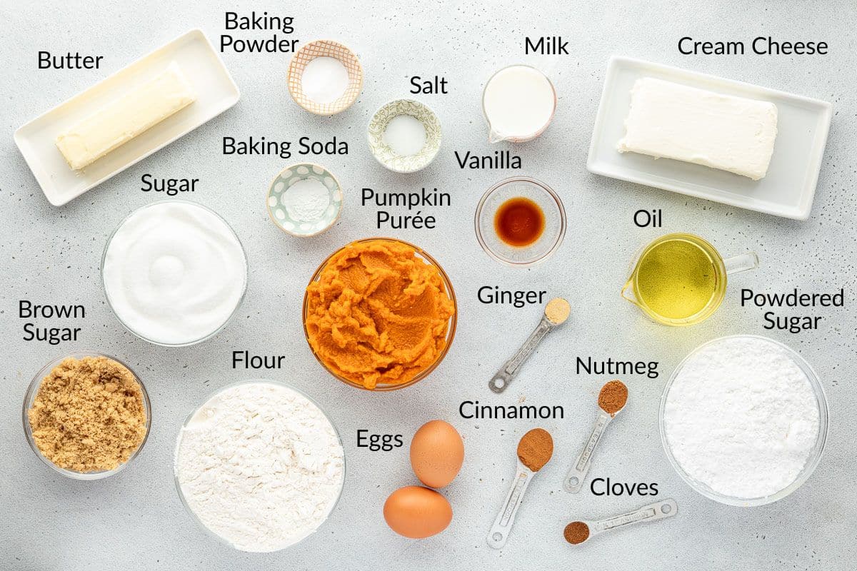 Assorted labeled baking ingredients including flour, eggs, sugar, spices, butter, and pumpkin purée on a counter.