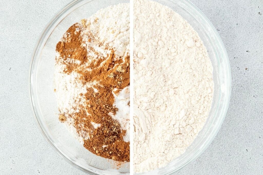 A glass bowl with flour and spices on the left, and flour blended with spices on the right.