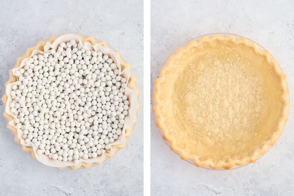Side-by-side of a pie crust: one with pie weights, the other fully baked and golden brown.