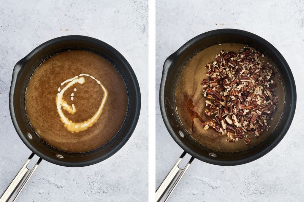 Side-by-side pans: one with sauce and cream, the other with sauce and chopped pecans on a light surface.