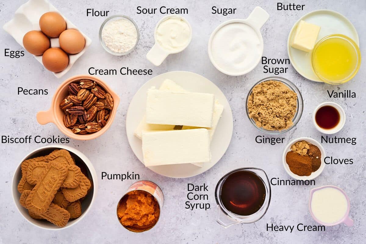 Baking ingredients labeled: eggs, flour, sour cream, sugars, butter, pecans, cream cheese, cookies, pumpkin, spices, corn syrup.