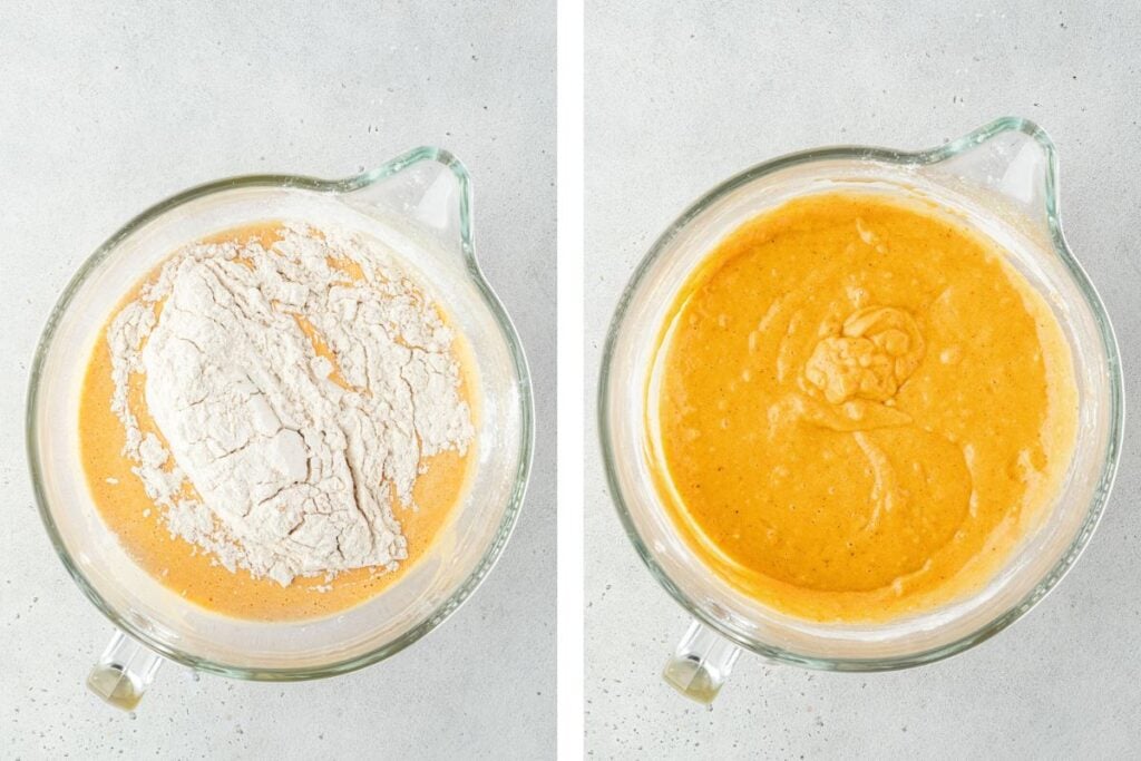 Two glass bowls: one with dry flour on wet batter, the other with fully mixed, smooth orange batter.