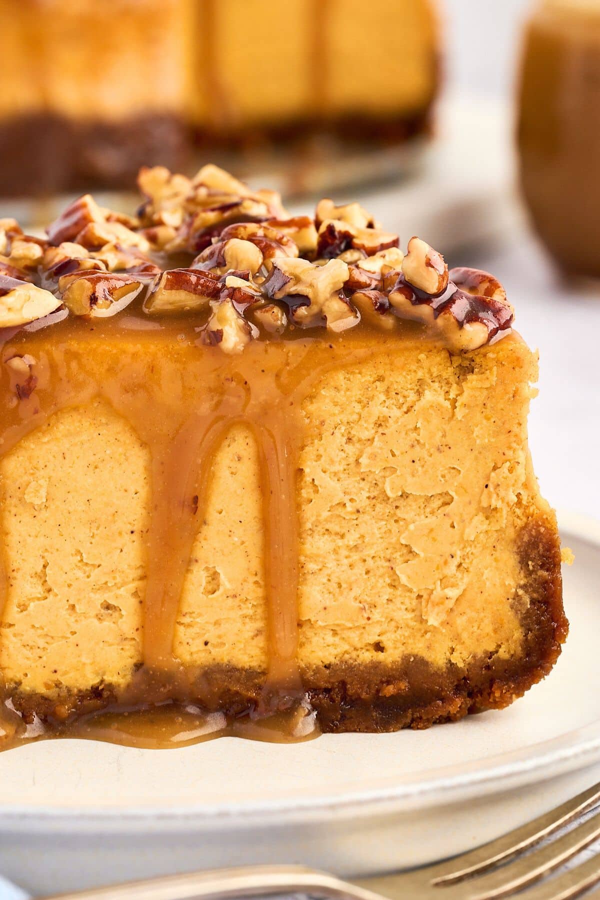 A slice of pumpkin cheesecake topped with caramel sauce and chopped nuts on a white plate.