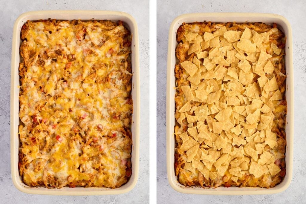 Two casserole dishes: one topped with melted cheese, the other with crumbled tortilla chips, both baked.