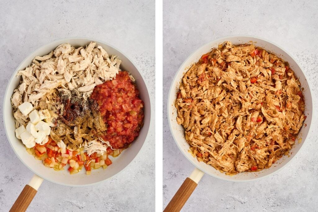 Two pans: one with shredded chicken and seasonings, the other with mixed, cooked shredded chicken filling.