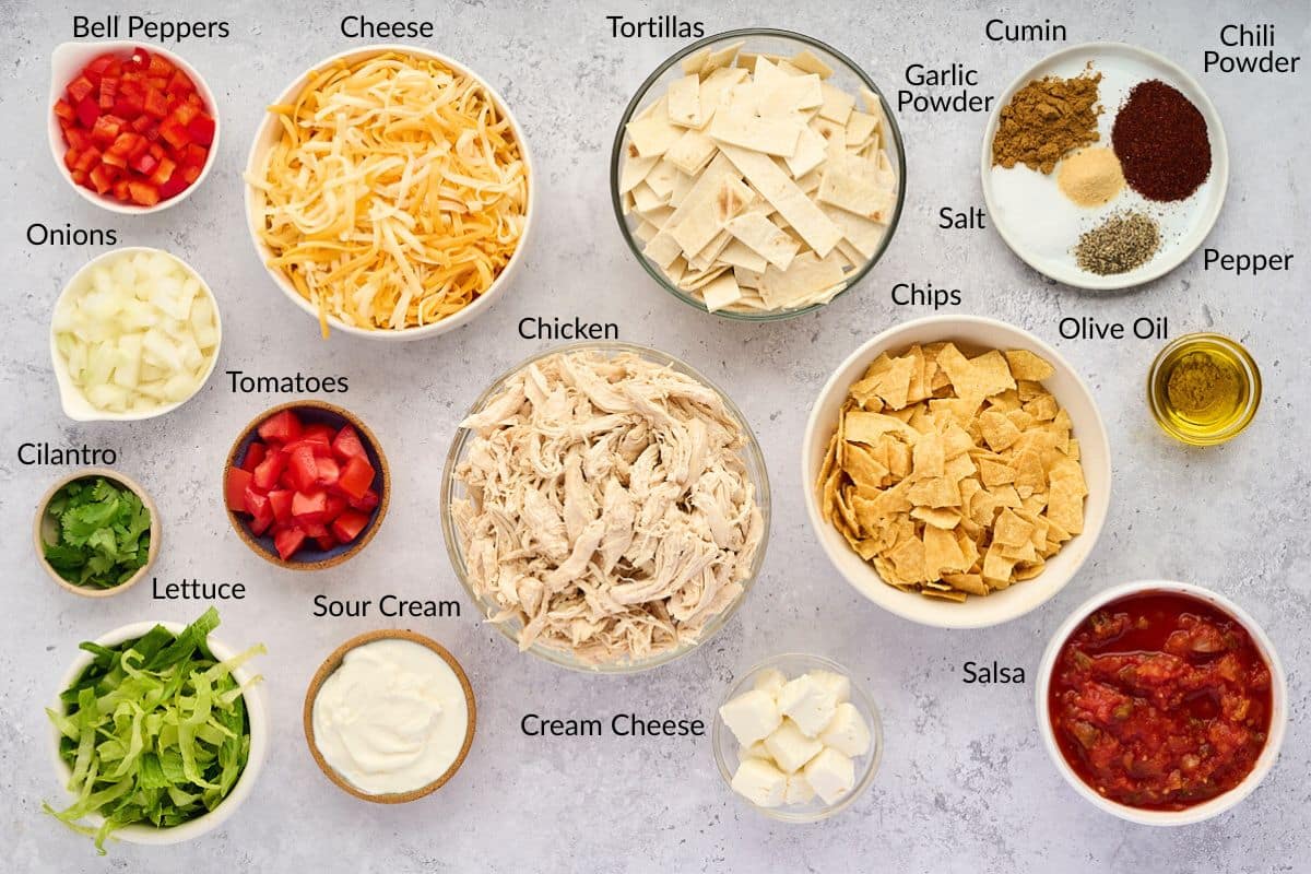 Bowls of taco ingredients including shredded chicken, cheese, chips, salsa, veggies, spices, and sour cream.