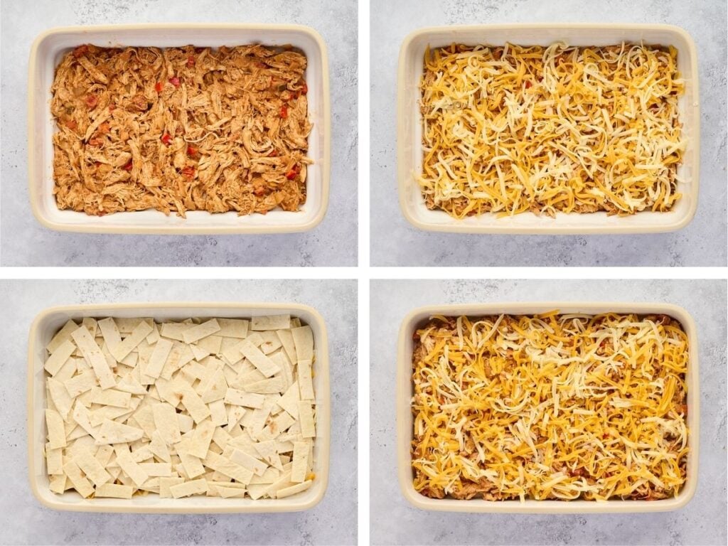 Four steps of making a casserole: shredded chicken, cheese, tortilla strips, and more cheese in a baking dish.