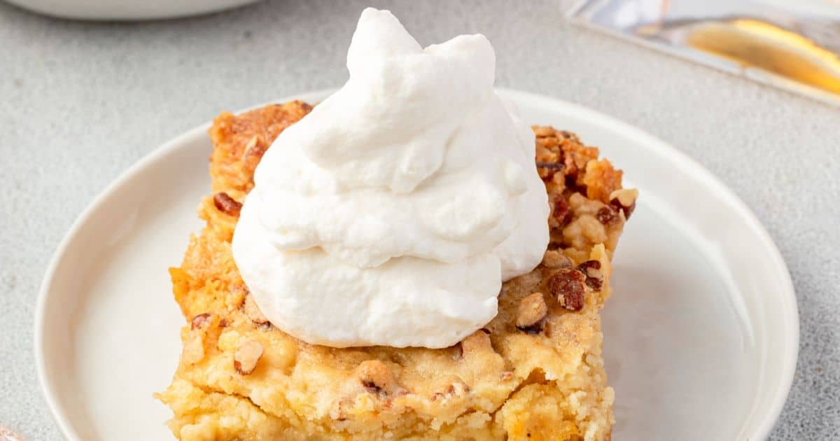 A slice of crumbly cake topped with a swirl of whipped cream on a white plate.