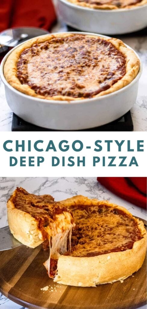 Chicago-style deep dish pizza in a pan and a slice being pulled out, showing melted cheese.