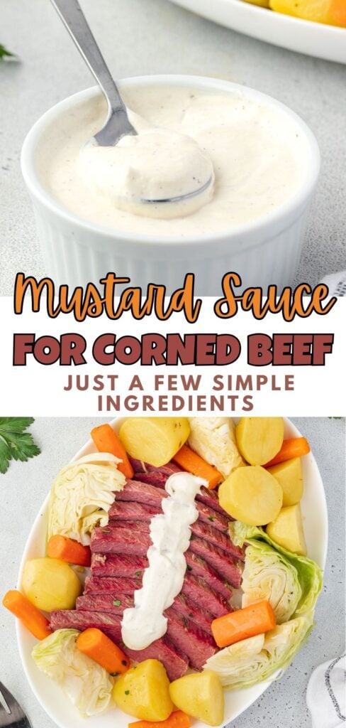 A bowl of creamy mustard sauce with a spoon, and corned beef with vegetables topped with the sauce.