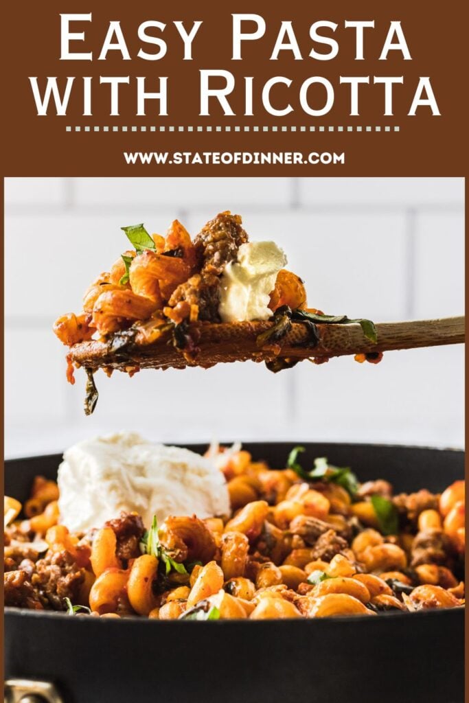 Wooden spoon holding pasta with meat sauce and ricotta above a pan of pasta, text reads "Easy Pasta with Ricotta.