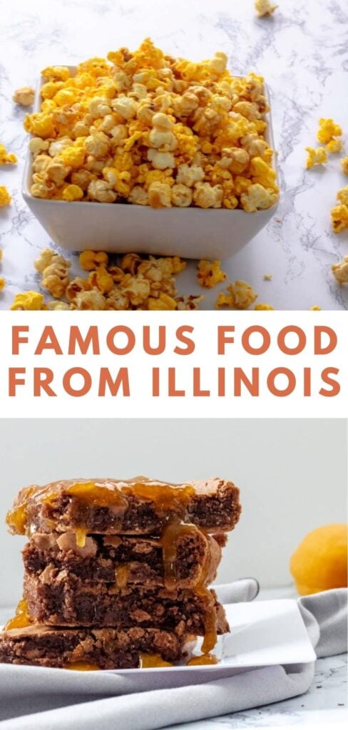 A bowl of caramel and cheese popcorn and a stack of brownies, labeled "Famous Food from Illinois.