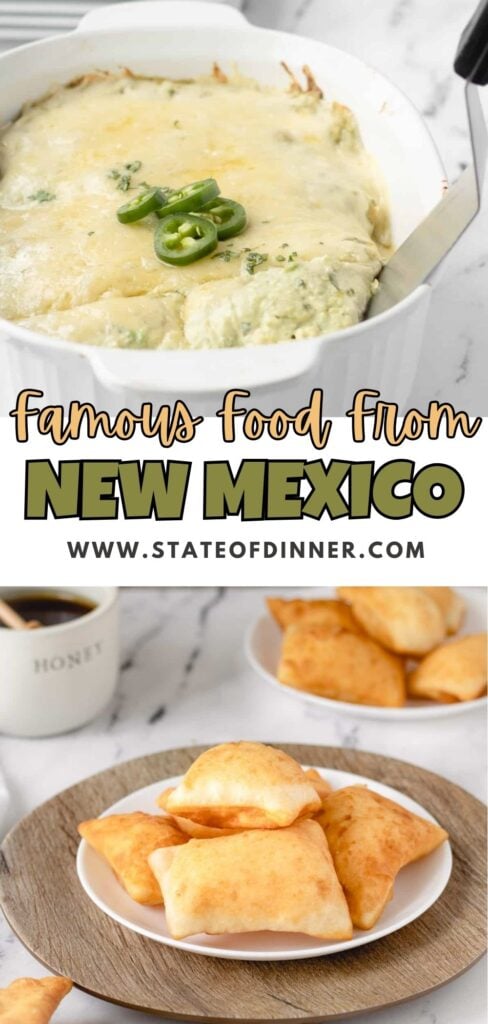 Green chile casserole topped with sliced jalapeños and a plate of golden fry bread on a table.
