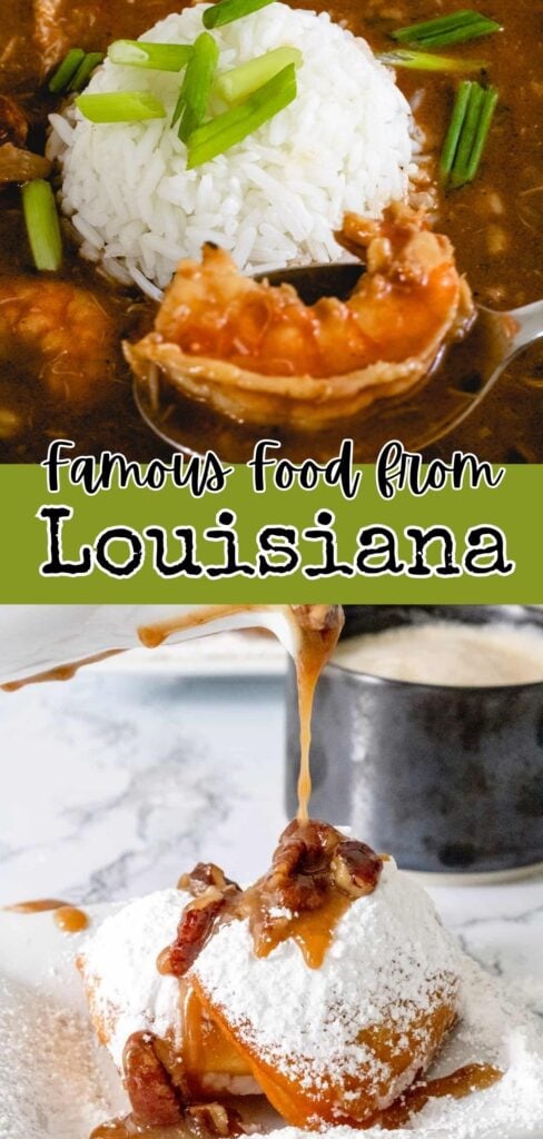 A bowl of gumbo with rice and a beignet topped with powdered sugar and caramel sauce.
