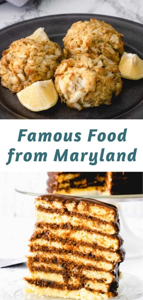 Three Maryland crab cakes with lemon wedges and a slice of Smith Island cake, a famous layered dessert.