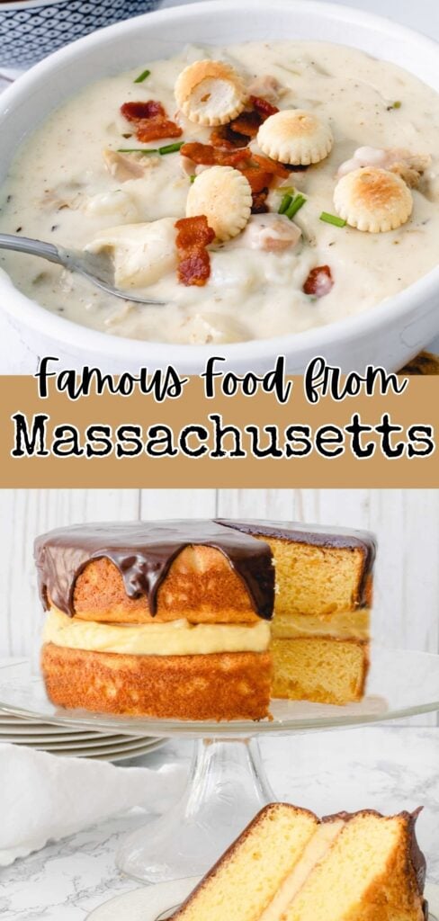 Bowl of clam chowder with crackers and bacon, and a Boston cream pie cake, labeled “Famous food from Massachusetts.”.