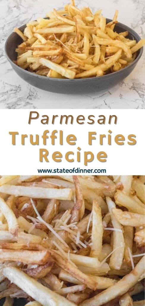 A bowl of Parmesan truffle fries with shredded cheese on top, shown close up and in a serving bowl.