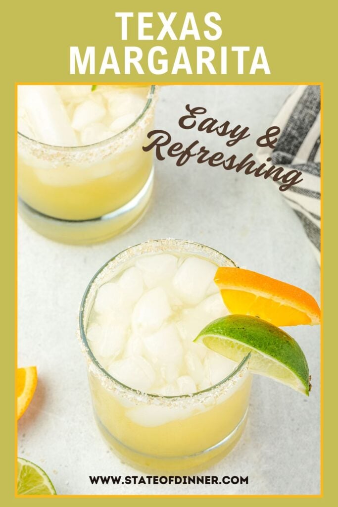 Two margarita glasses with ice, lime, and orange slices, labeled "Texas Margarita—Easy & Refreshing.