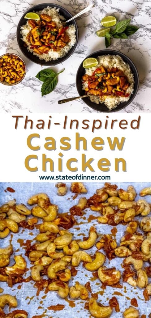 Two bowls of Thai-inspired cashew chicken with rice and lime, and roasted cashews on parchment paper.