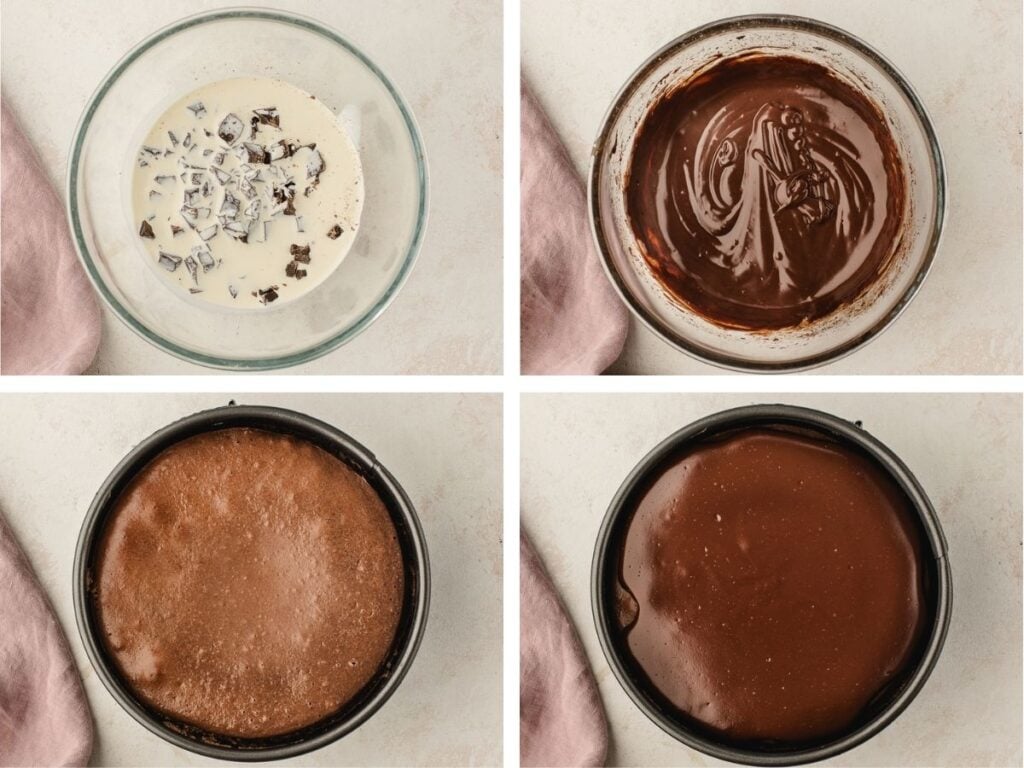 Four-step process of making chocolate ganache in a bowl and pouring it over a cake in a round pan.