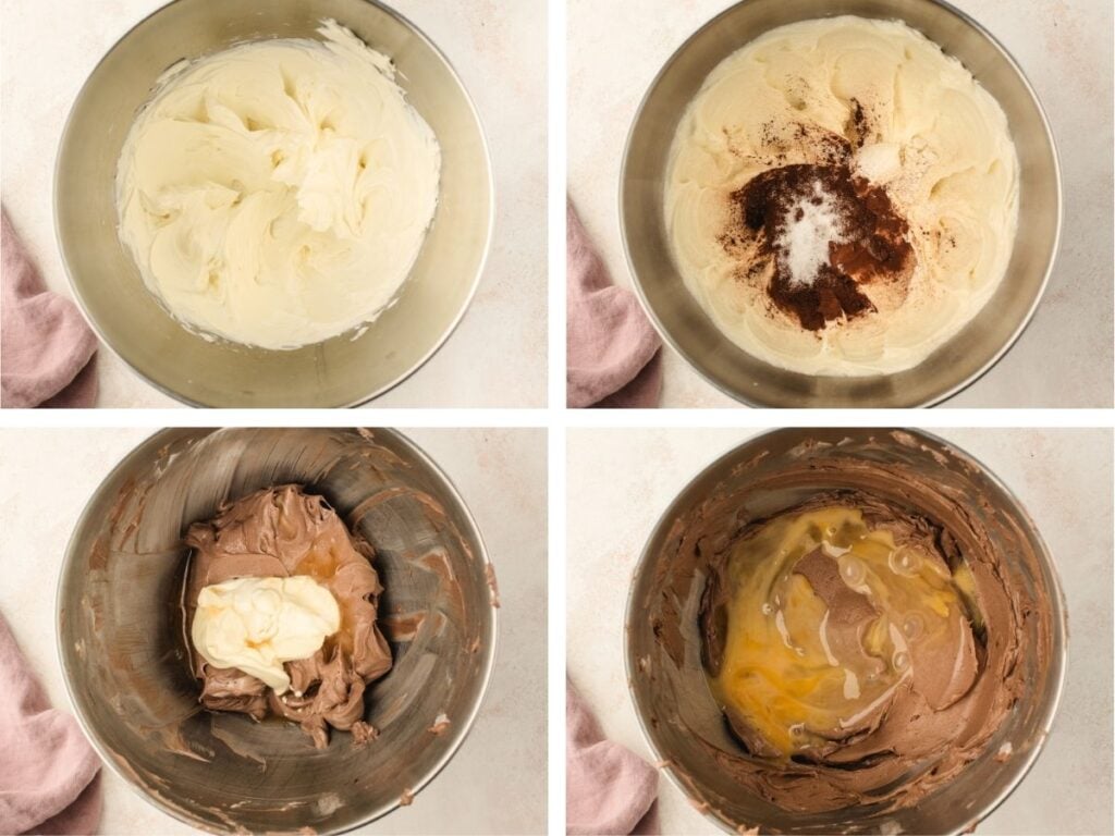 Four mixing bowls showing steps to make chocolate batter with cream cheese, cocoa, sugar, and eggs added in stages.