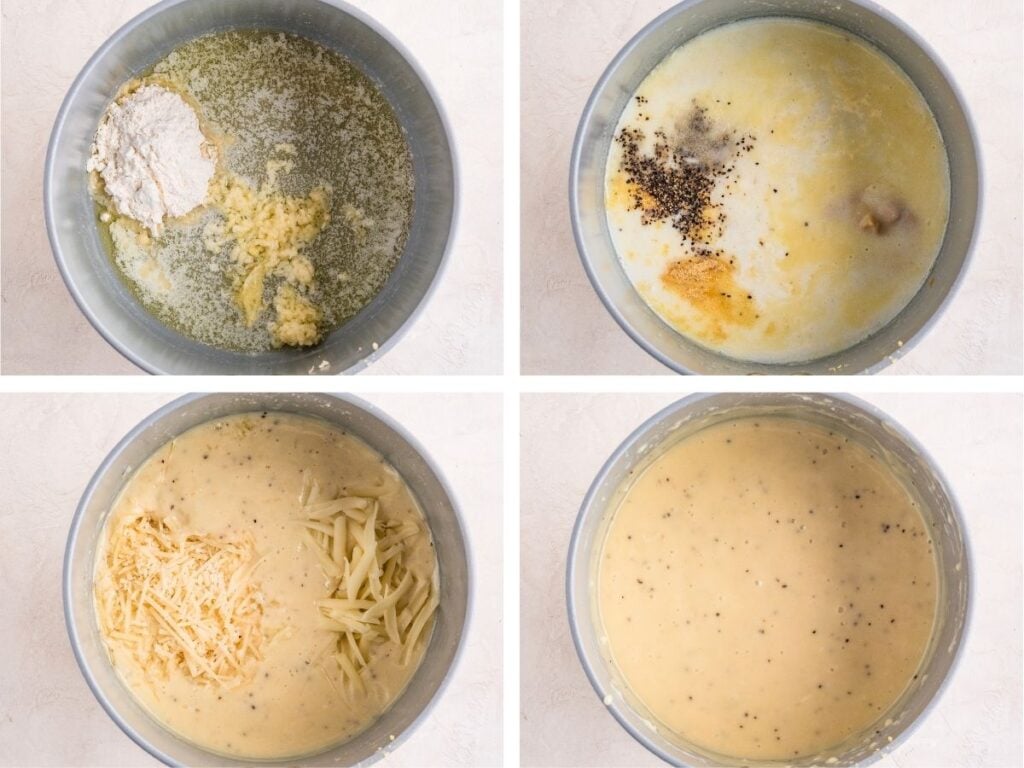 Four bowls showing steps of mixing cheese sauce: flour and garlic, adding liquid and seasonings, cheese, then blended sauce.