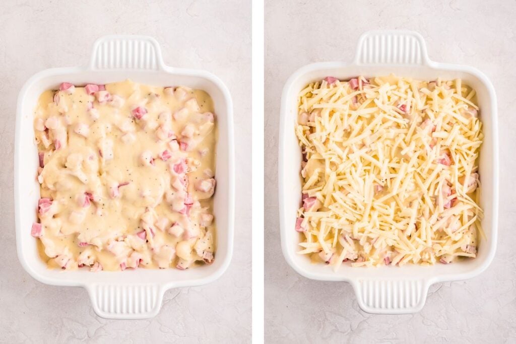 Two white baking dishes: one with creamy ham mixture, one topped with shredded cheese, on a light surface.