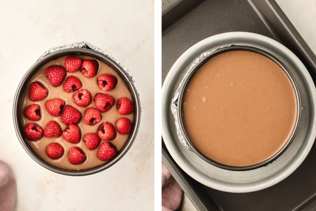 Left: chocolate batter topped with raspberries in a cake pan; right: plain chocolate batter in a cake pan.
