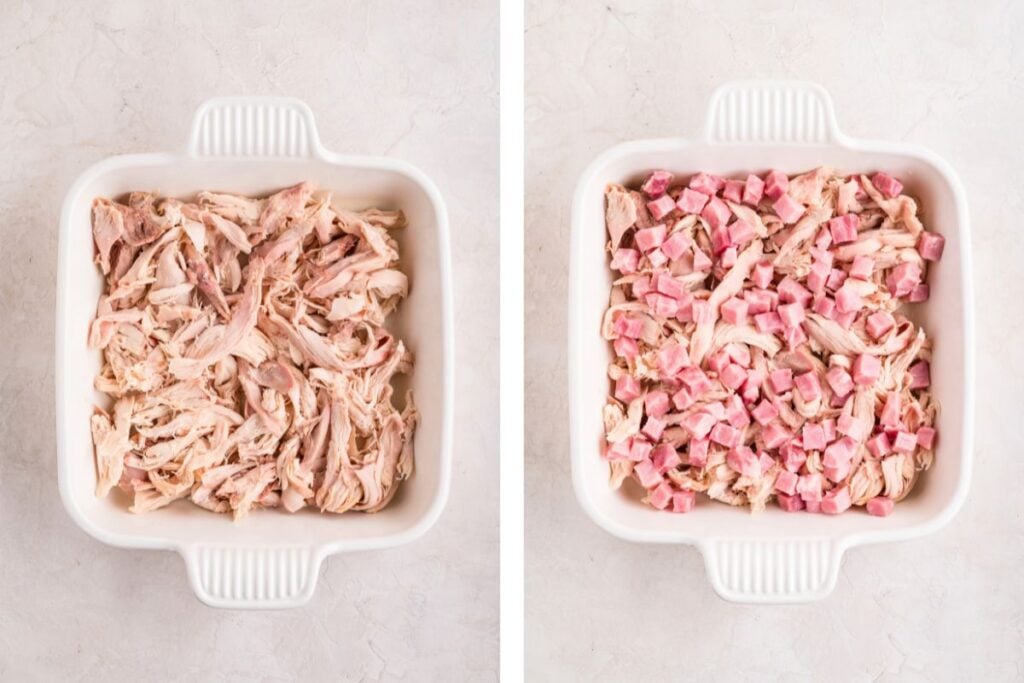 Side-by-side dishes: left with shredded chicken, right with shredded chicken and diced ham in white baking pans.