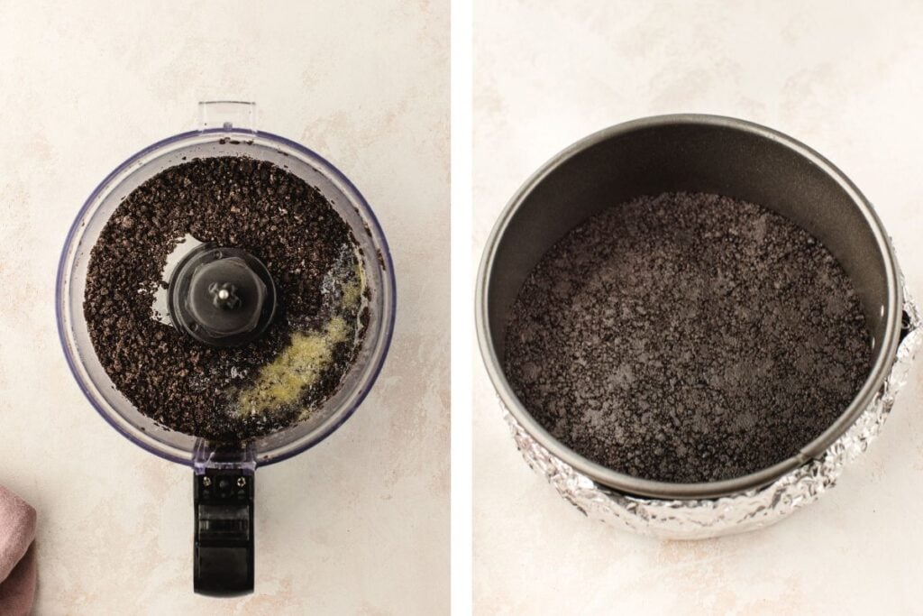 Split image: Left, food processor with crushed cookies and melted butter; Right, cookie crust pressed in a pan.