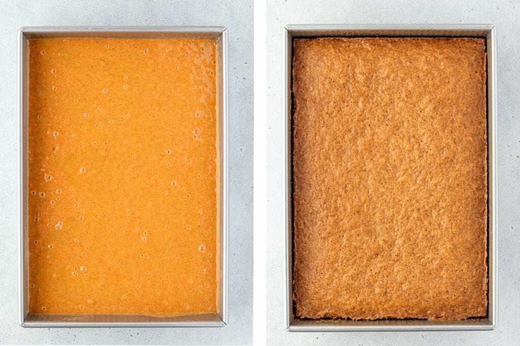 Side-by-side images of a baking pan with raw carrot cake batter and a baked carrot cake.