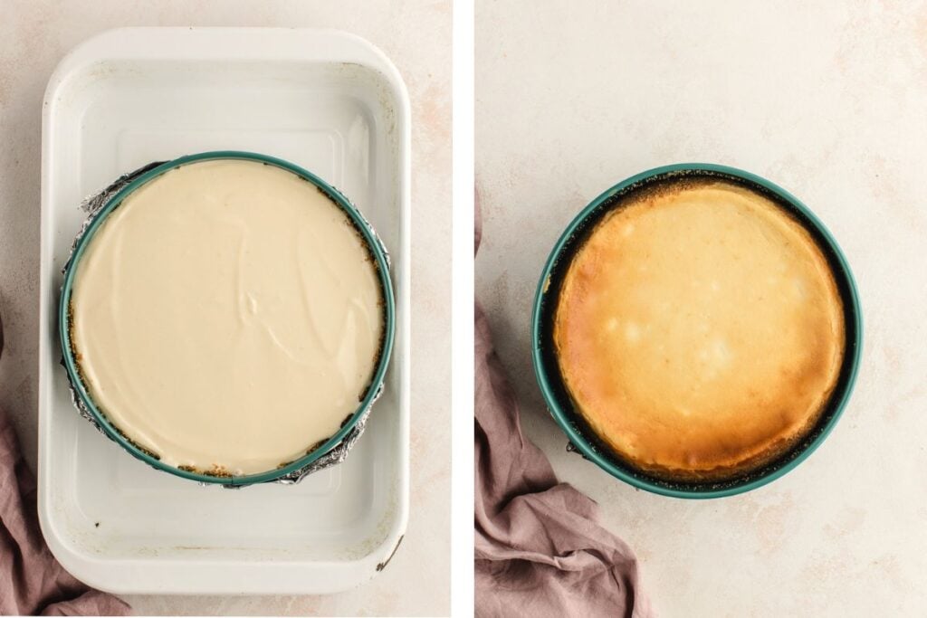 Side-by-side images of an unbaked and baked cheesecake in a round springform pan.