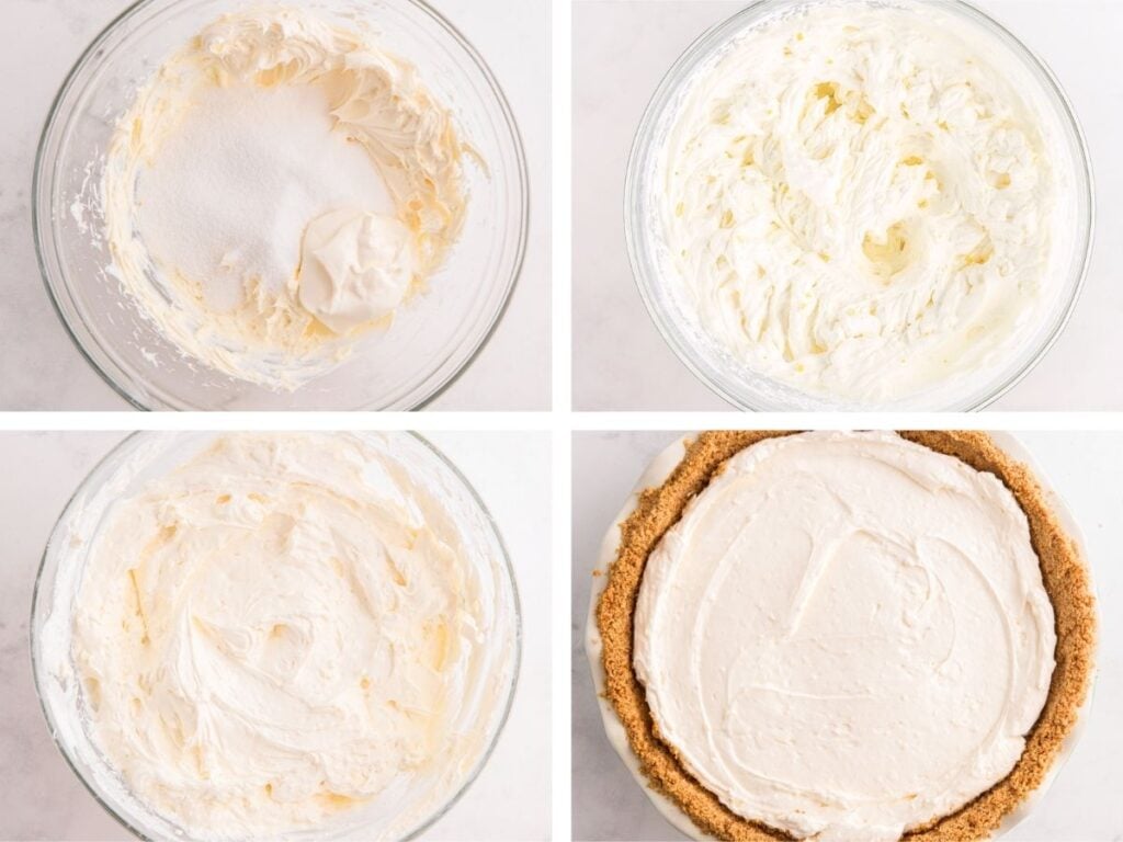 Four steps of making a creamy pie filling, ending with the filling spread in a pie crust.