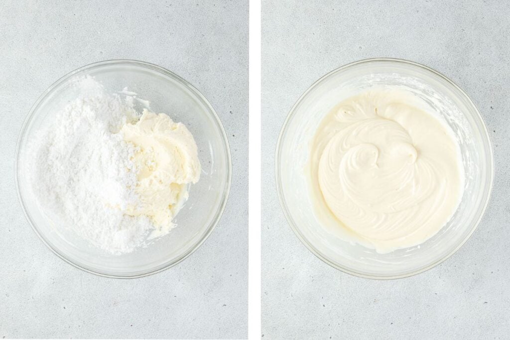 Two glass bowls: one with butter and powdered sugar, the other with smooth, mixed cream cheese frosting.