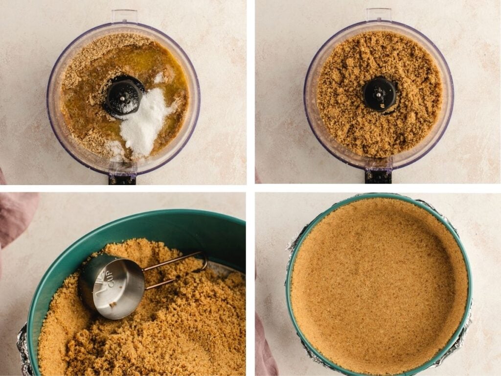 Step-by-step images of making a graham cracker crust in a food processor and pressing it into a pie pan.