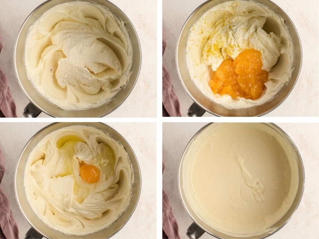 Four bowls showing cheesecake batter being mixed with sugar, fruit puree, and eggs, then fully blended.