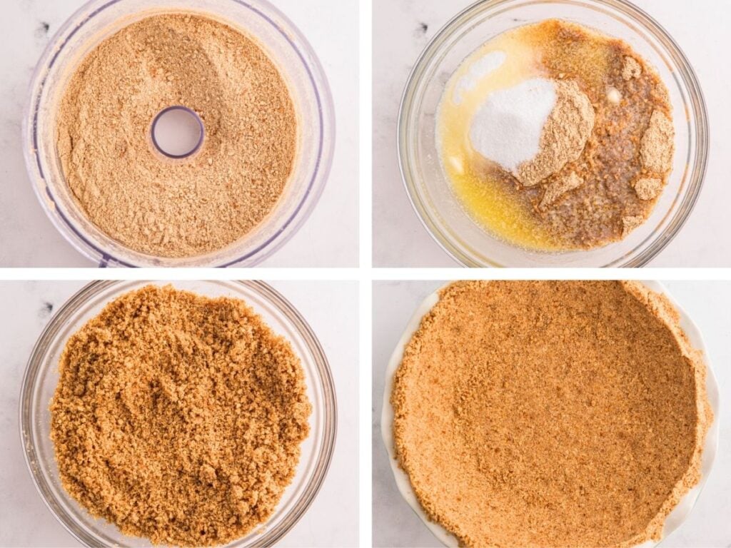 Four steps showing how to make a graham cracker pie crust in a bowl and pressed into a pie dish.