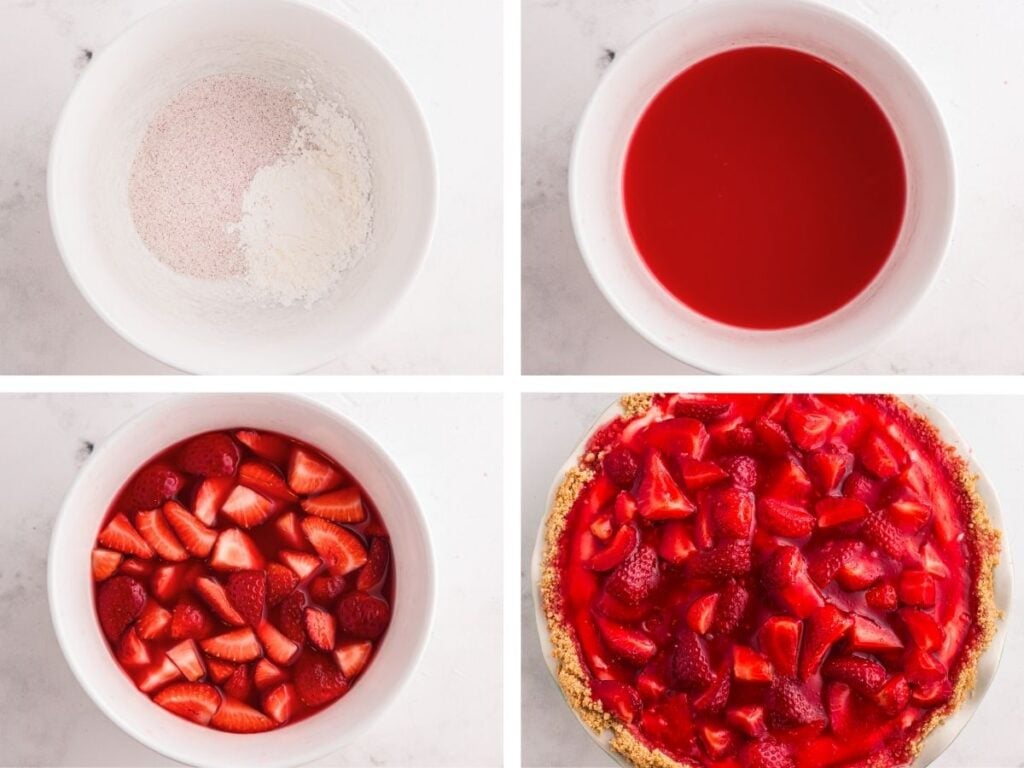 Four-step collage showing a mixing bowl with dry ingredients, red liquid, sliced strawberries, and a finished strawberry pie.