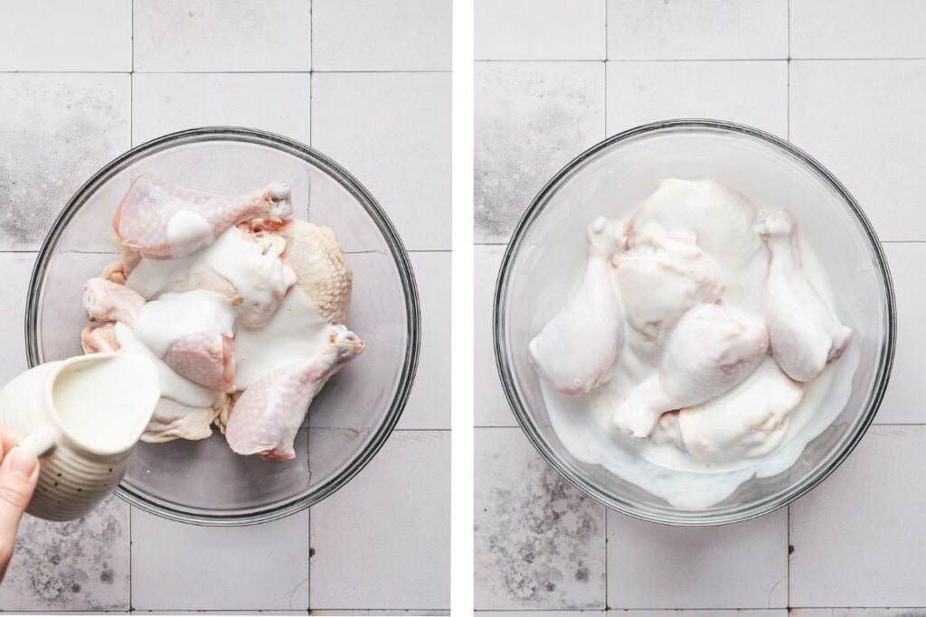 Two bowls of raw chicken in buttermilk marinade; buttermilk is being poured in the left image.