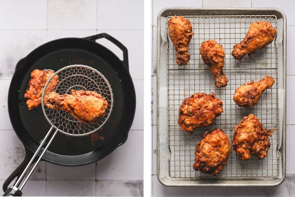 On the left, fried chicken is lifted from oil in a skillet; on the right, fried chicken cools on a wire rack.