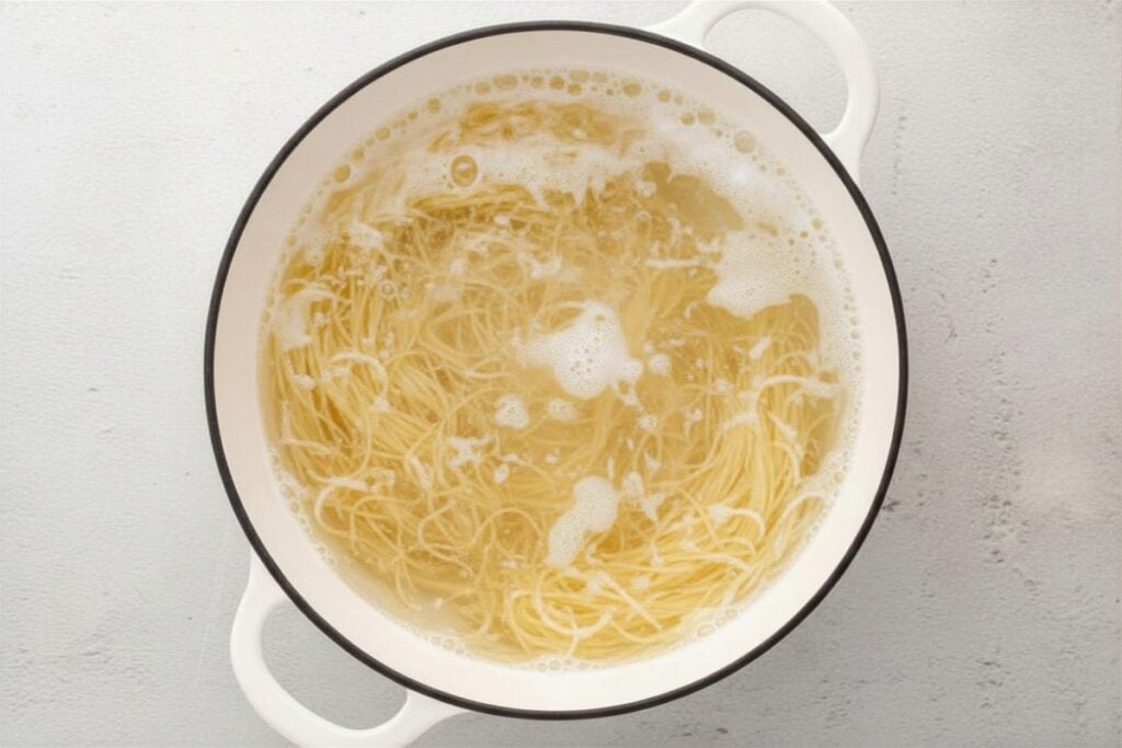 A white pot filled with boiling water and cooking spaghetti noodles.