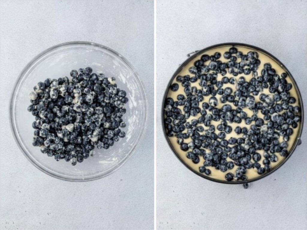 Left: Blueberries in a glass bowl. Right: Blueberries on top of batter in a round cake pan.