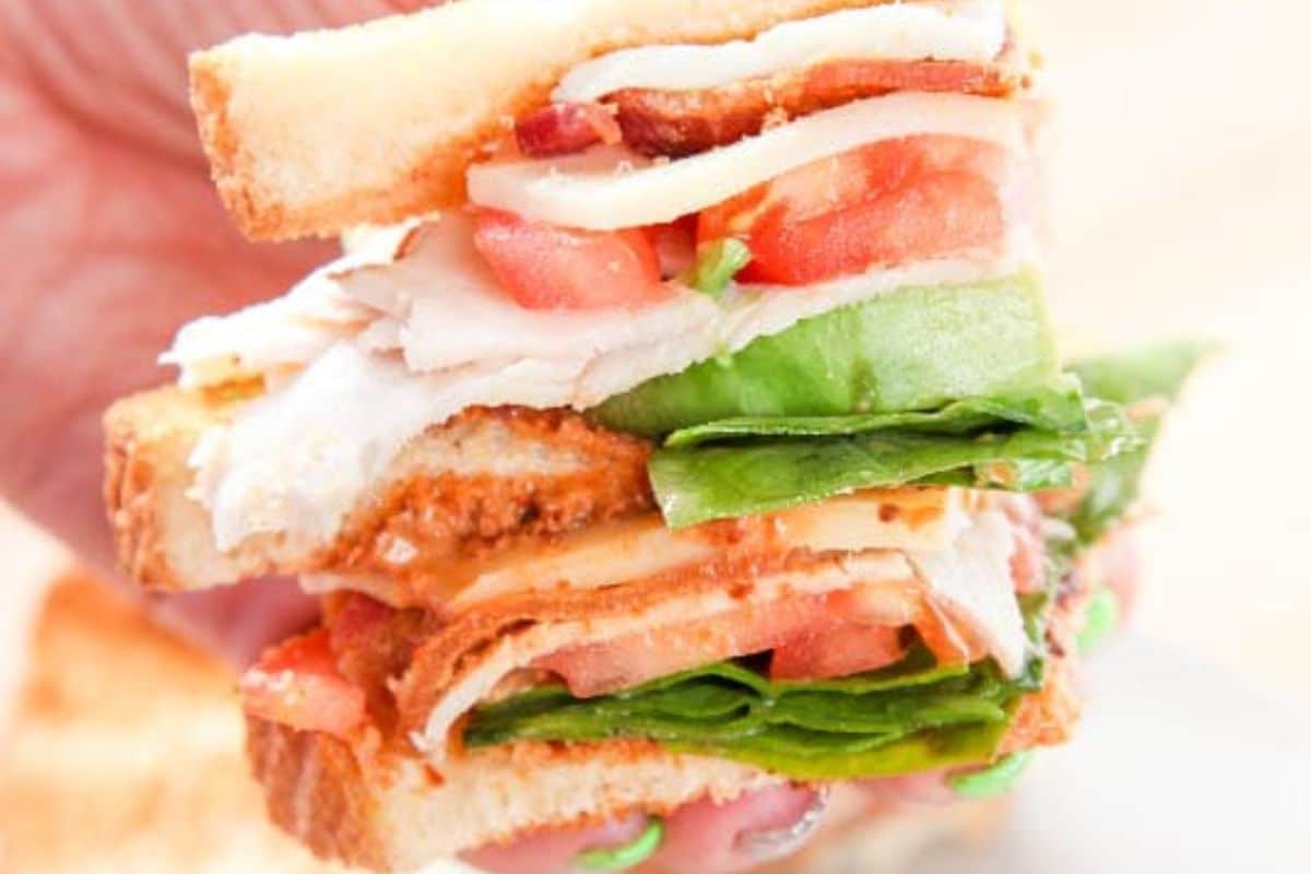 Close-up of a hand holding a stacked sandwich with turkey, lettuce, tomato, cheese, and toasted bread.