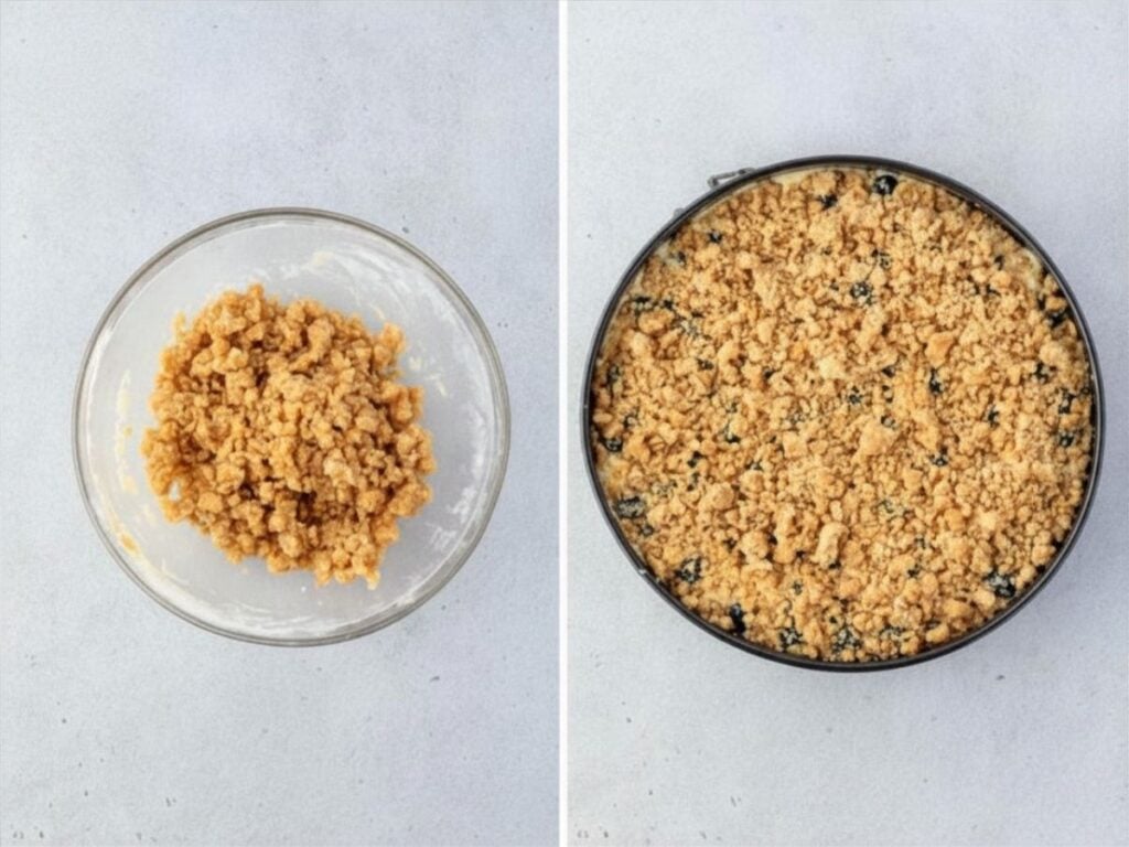 Left: crumbly mixture in a bowl. Right: crumb topping spread over fruit in a round baking pan.