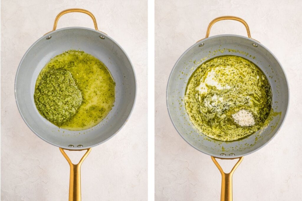 Side-by-side pans with pesto sauce: one with melted butter and pesto, the other with cream added to the mixture.