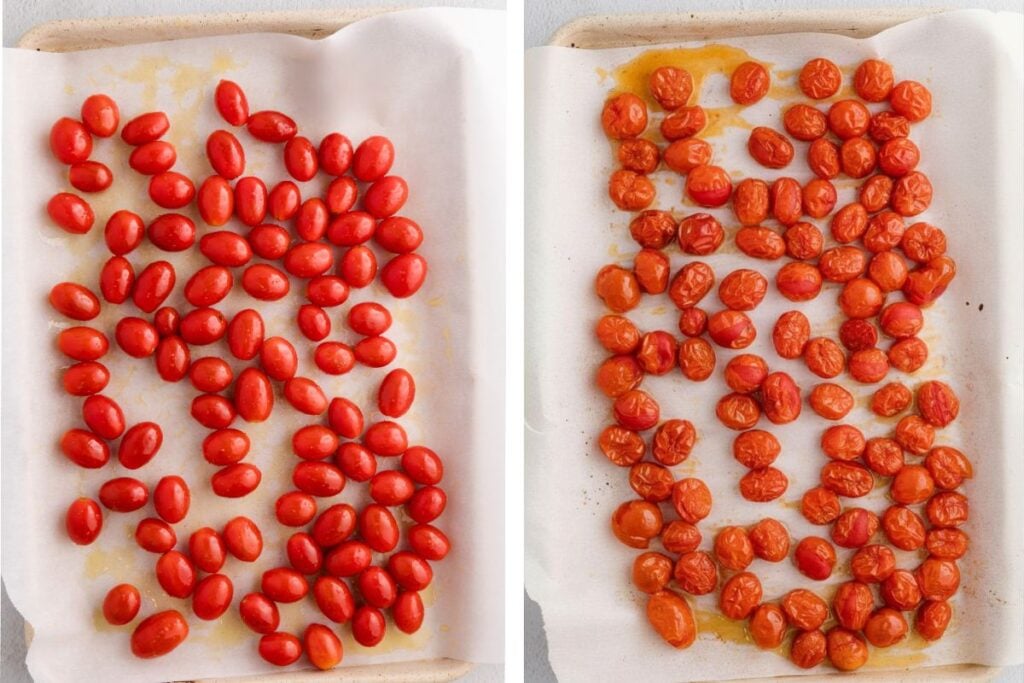Two side-by-side trays of grape tomatoes, raw on the left and roasted on the right, on parchment paper.